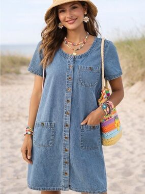 Erica & Co Vintage Blue Denim Button-Front Shift Dress
